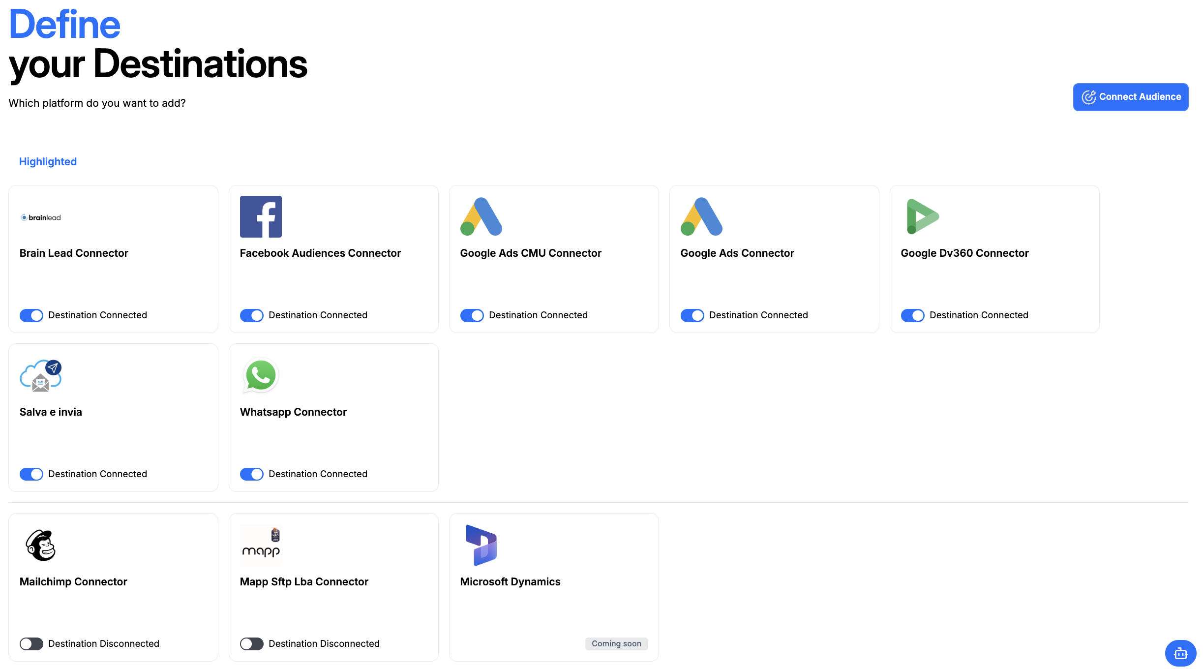 Destinazioni CDP — attivazione audience su Google DV360, Facebook e canali multicanale